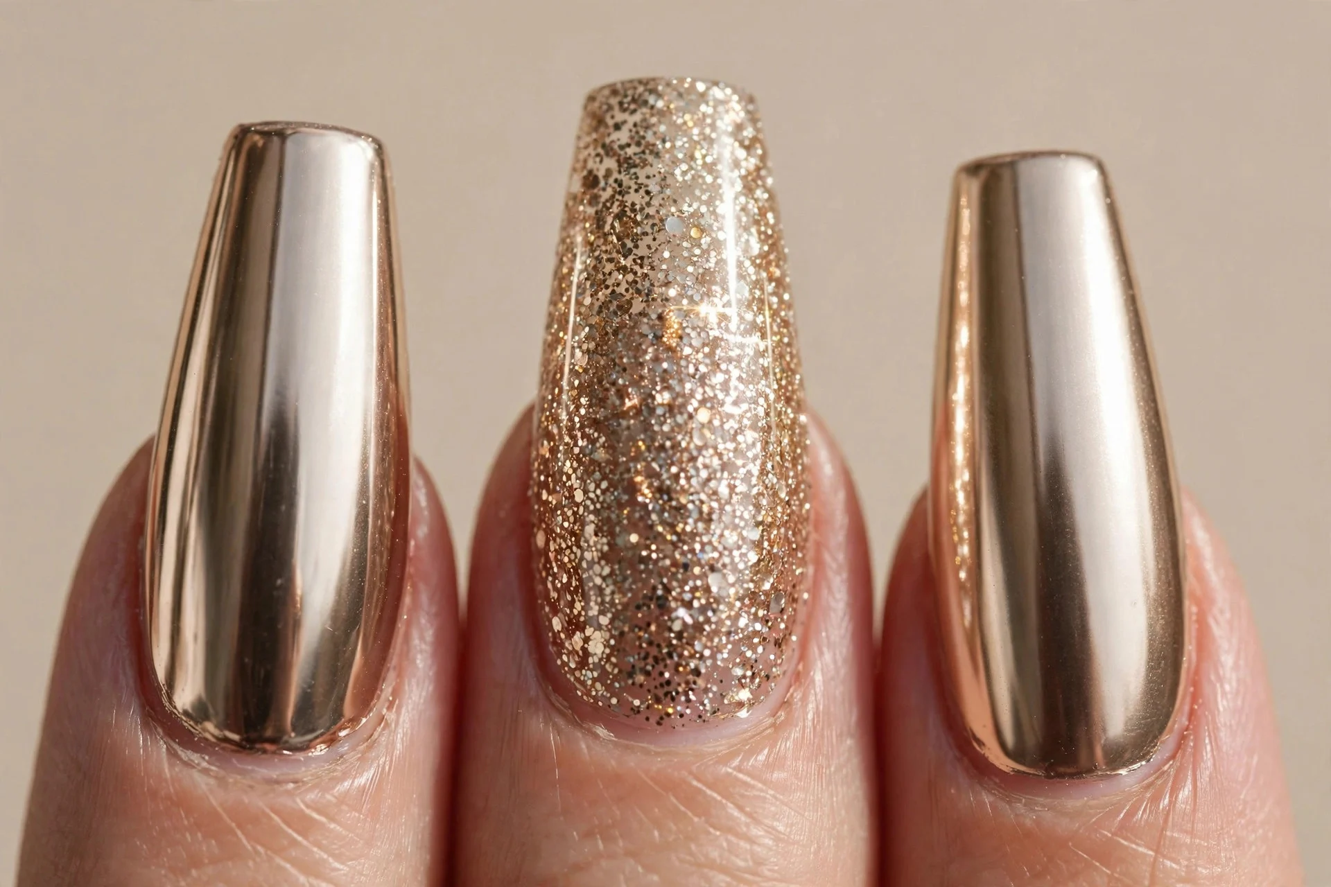 Champagne chrome, one glitter accent, coffin