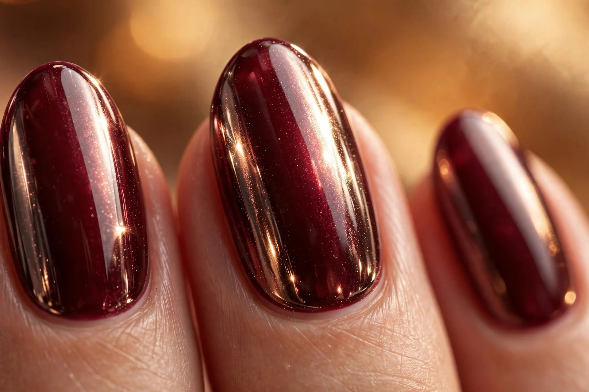 Almond nails in cherry wine with clear chrome glaze, light-catching, warm background