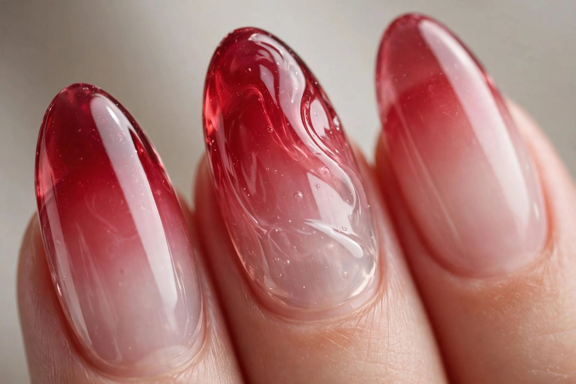 Almond nails in sheer cherry jelly with translucent gradient, glossy, neutral background