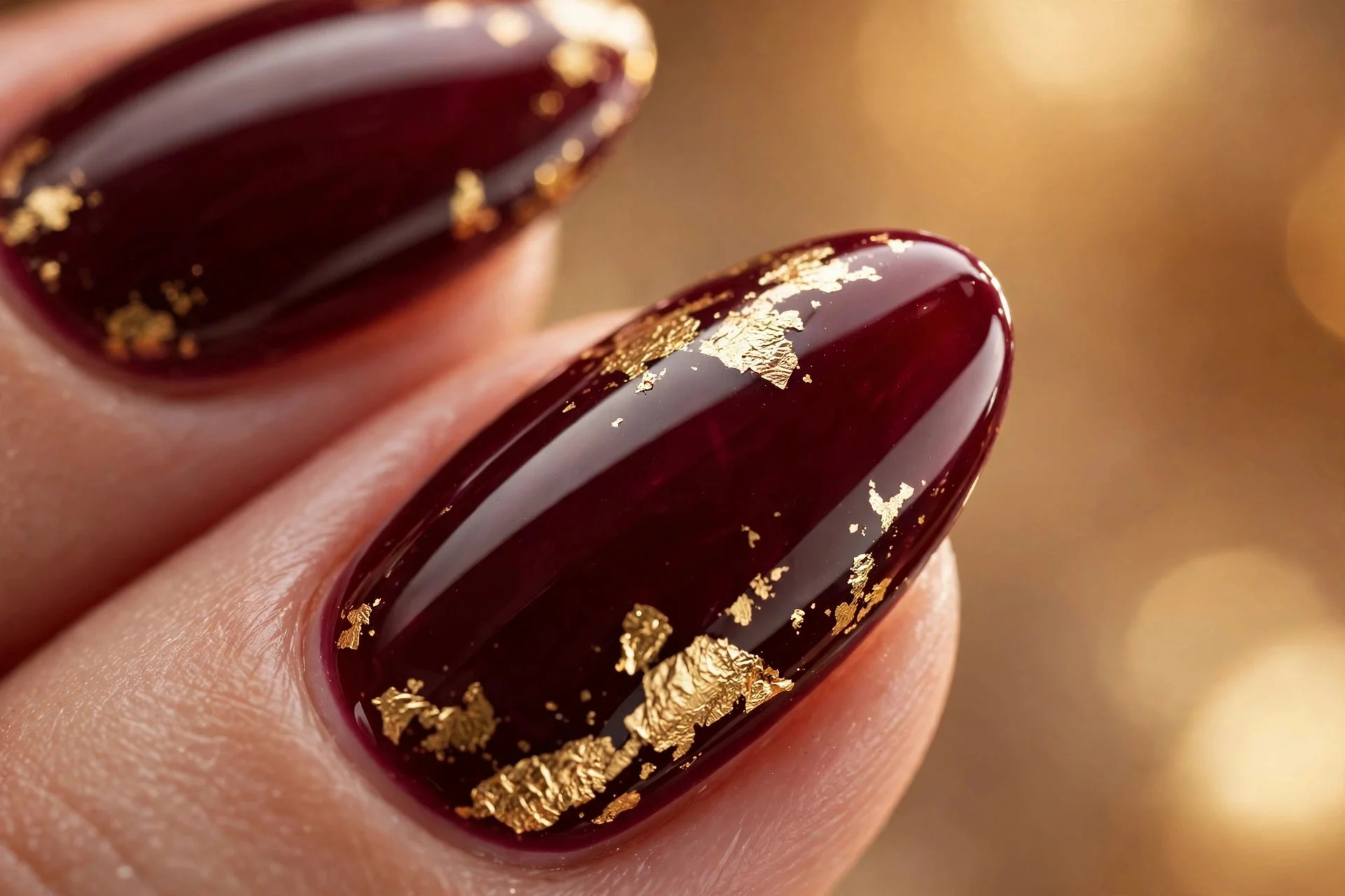 Almond nails in cherry wine with gold foil accents on ring fingers, glossy, warm background