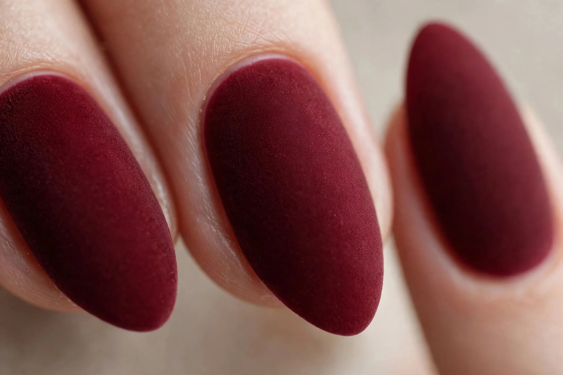 Almond nails in cherry wine with matte finish, velvet look, neutral background