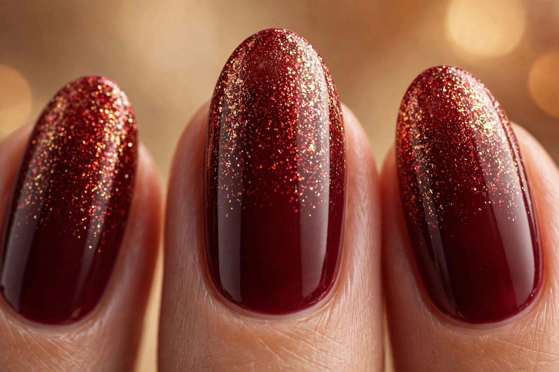 Almond nails in cherry wine with red-gold glitter fading from tips, glossy, warm background