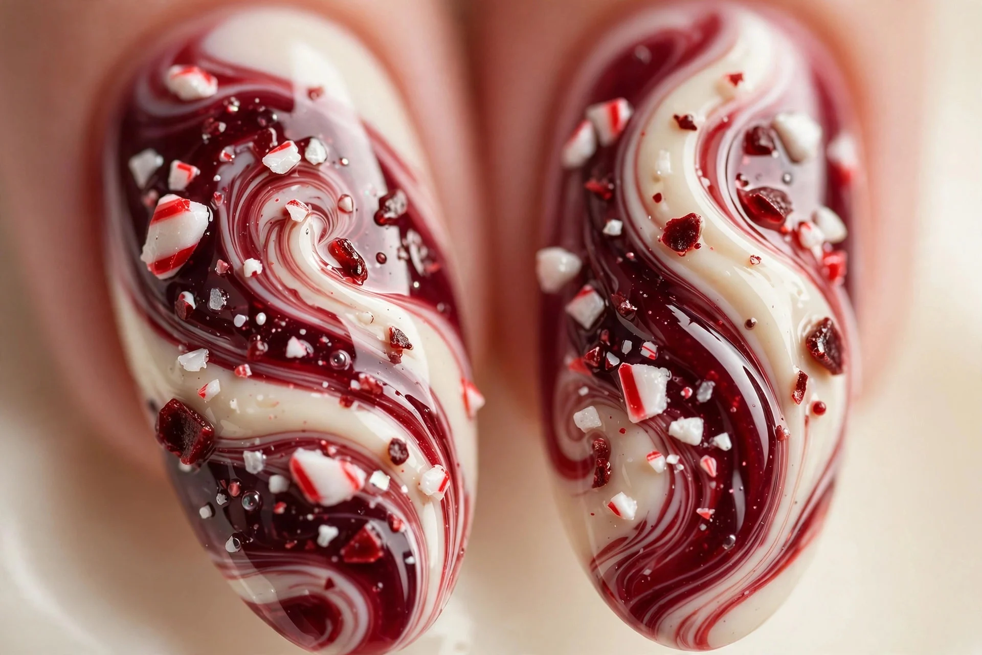 Almond nails with cherry wine and cream swirl like peppermint bark, glossy, cream background