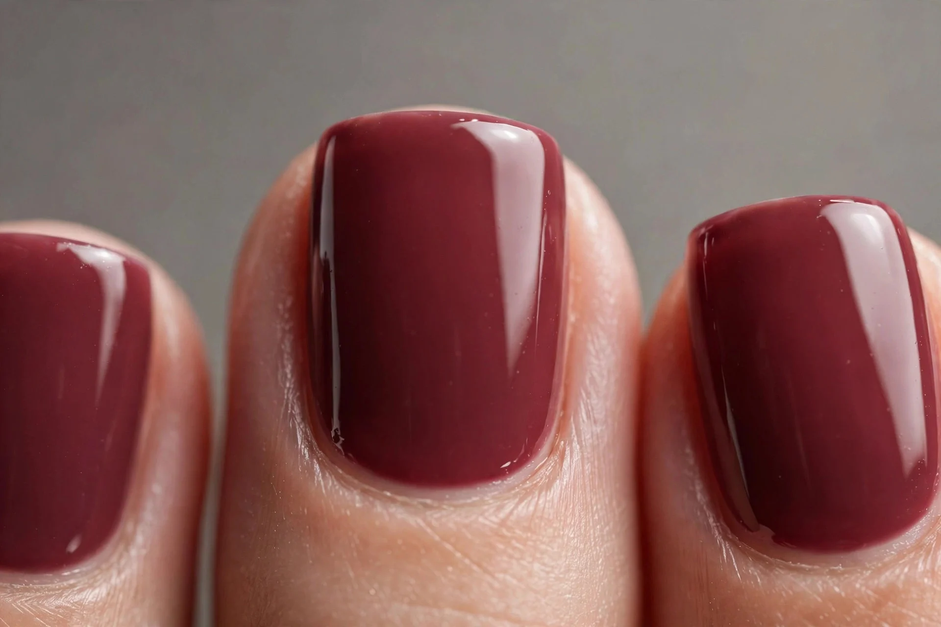 Short square nails in cherry wine crème, glossy, gray background