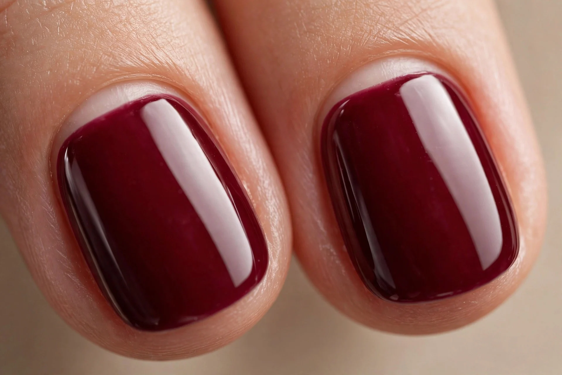 Rounded nails in cherry wine with bare half-moons at cuticles, glossy, beige background