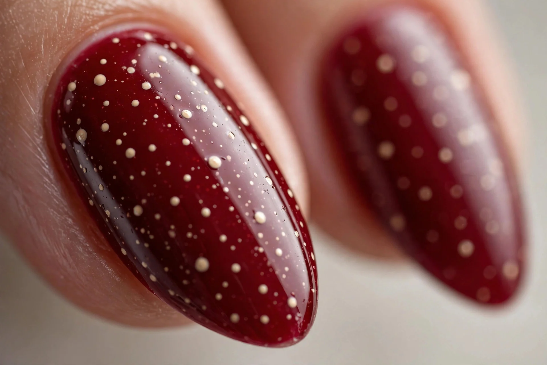 Almond nails in cherry wine with tiny cream polka dots, glossy, neutral background