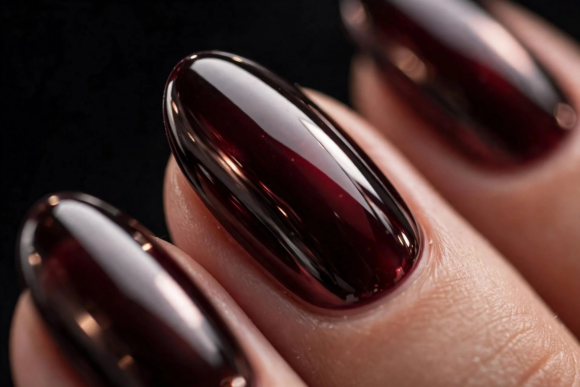 Almond nails in black cherry with mirror chrome finish, ultra-reflective, dark background