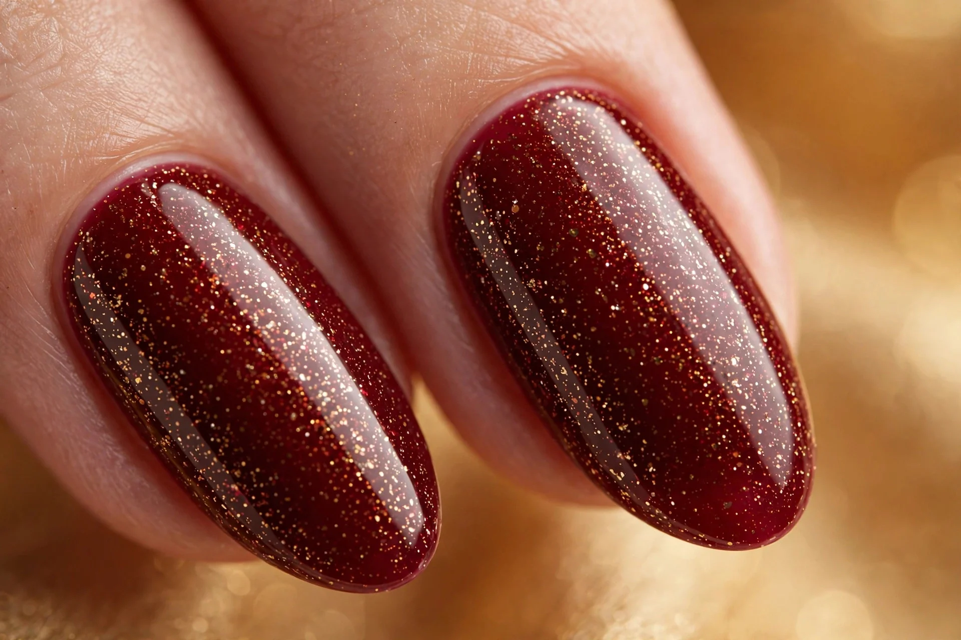 Almond nails in cherry wine with full-coverage fine gold micro-glitter, glossy, warm background