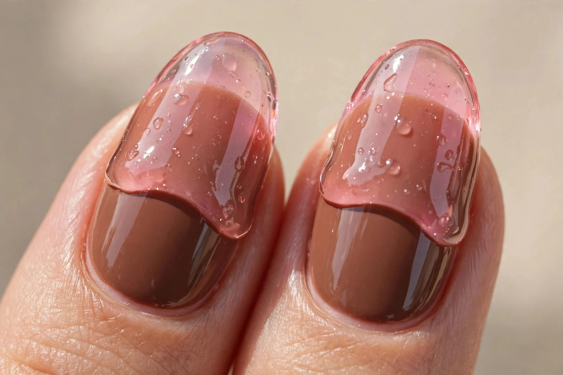 Extreme macro of two almond fingernails in glossy milk chocolate brown with a translucent pink jelly glaze over the top, soft
