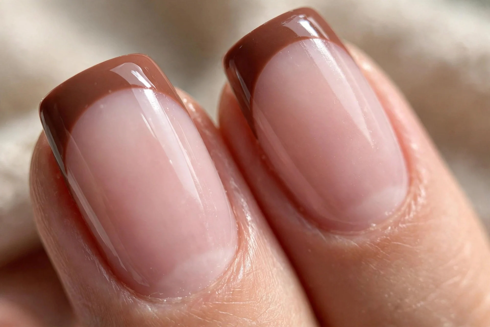 Macro close-up of two fingernails with cocoa brown French tips over a sheer milky pink base, clean smile lines, glossy finish