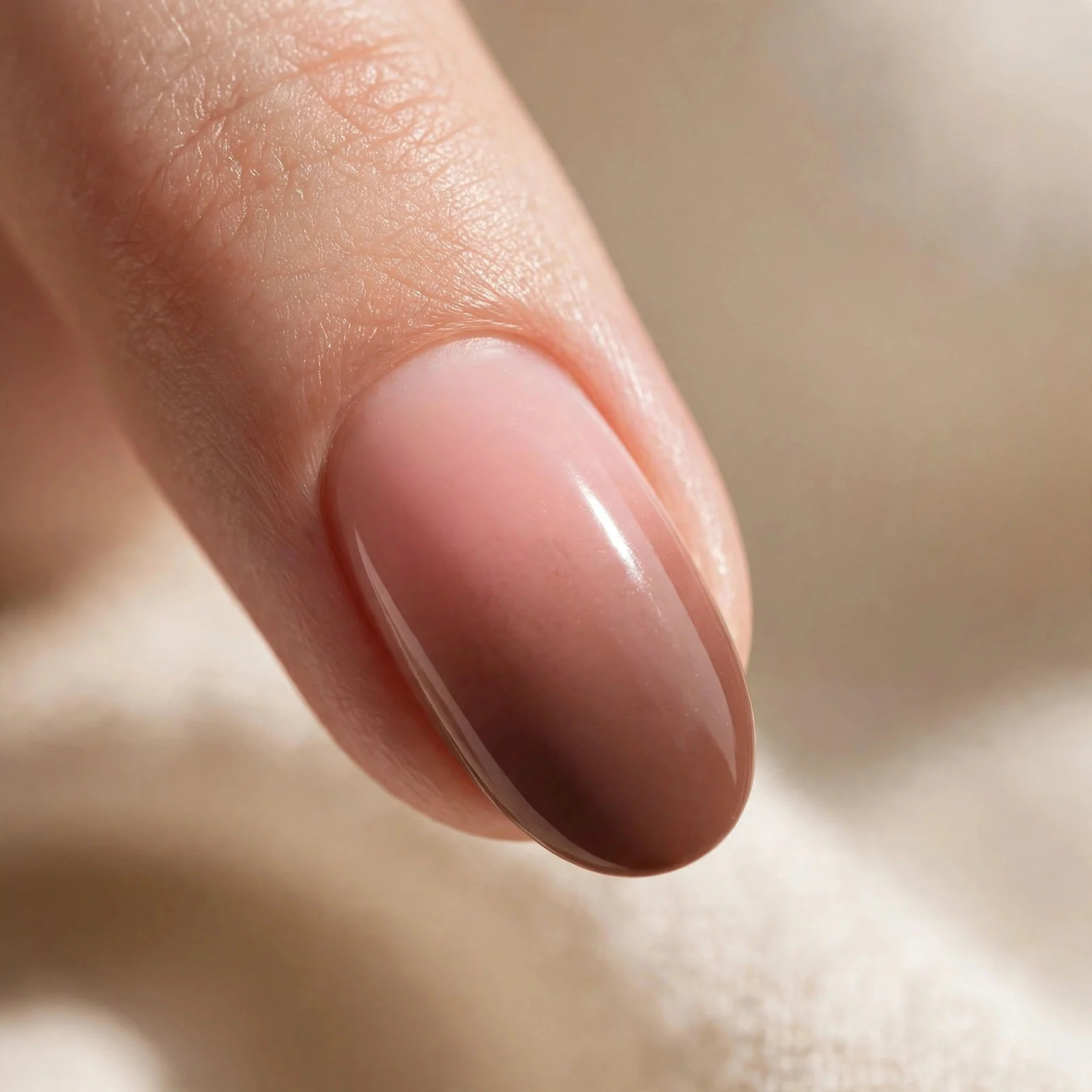 Macro of one oval fingernail with a seamless ombr&eacute; from pale strawberry pink at the cuticle melting into milk chocolate brown