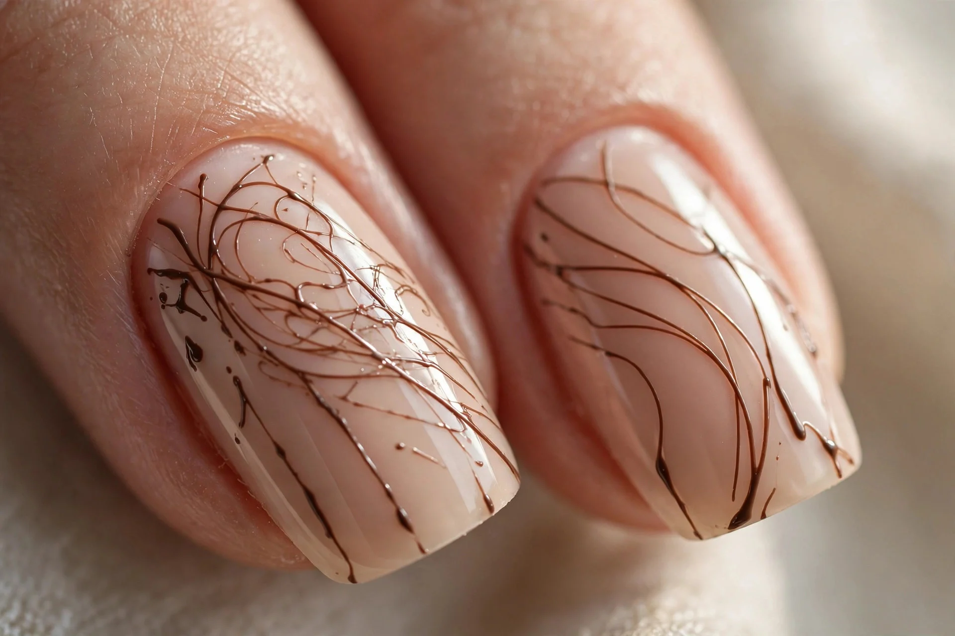 Macro of two fingernails with a nude base and thin hand-painted chocolate brown drizzle lines, delicate line art, glossy