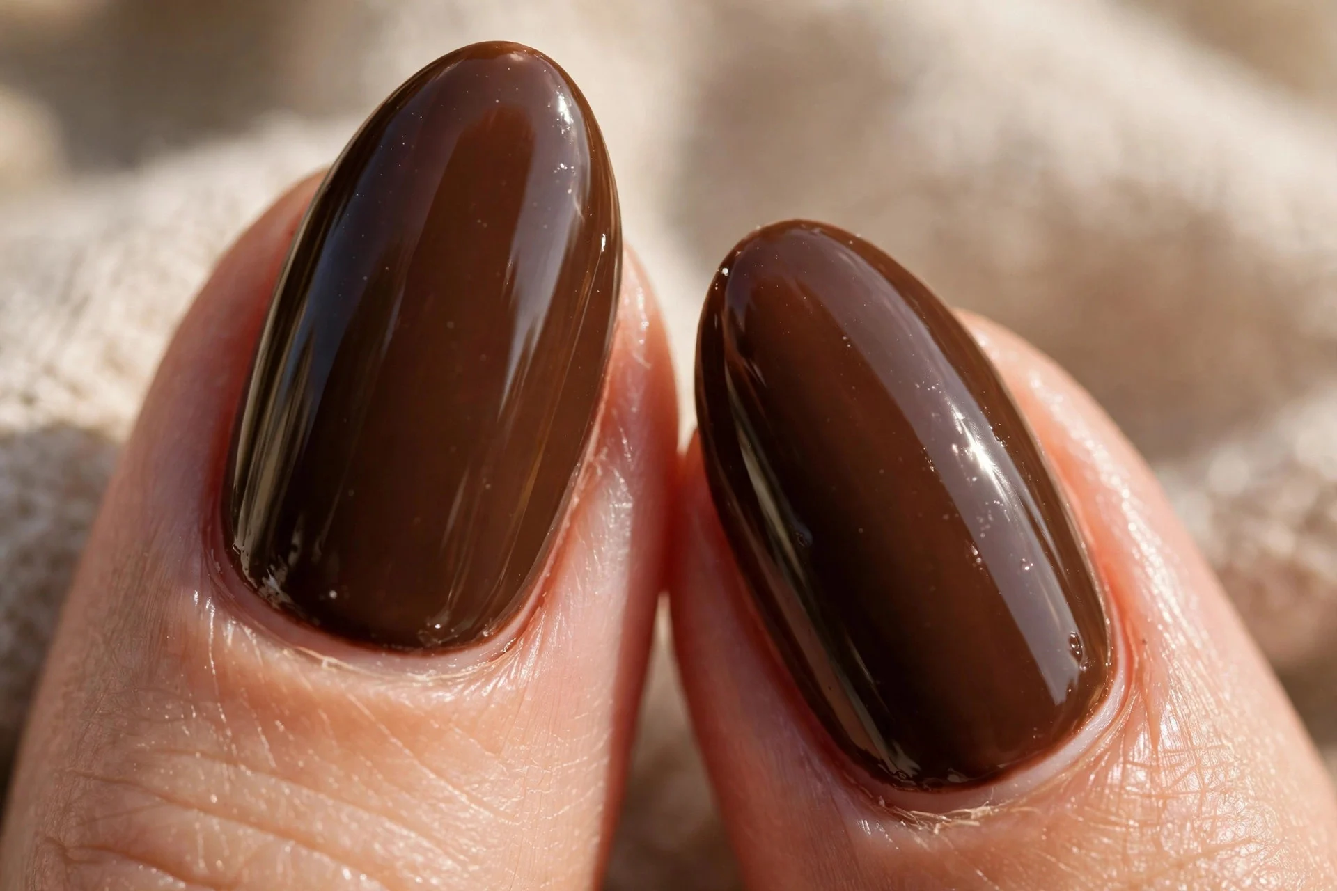 Macro of two almond fingernails in rich espresso brown gel, high-gloss finish, warm natural light