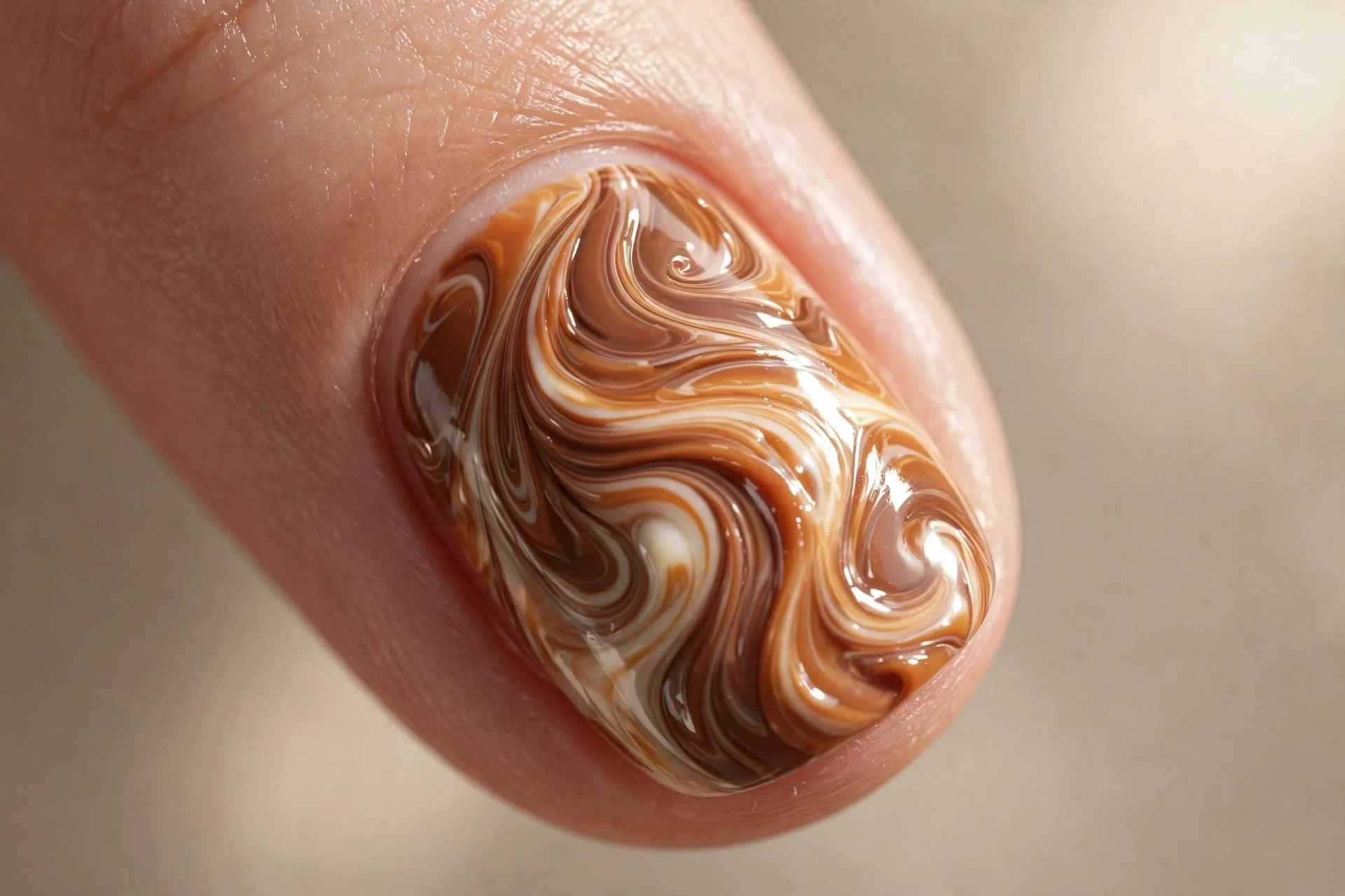 Extreme macro of one fingernail with marbled toffee swirls in caramel, milk chocolate and cream tones, glossy