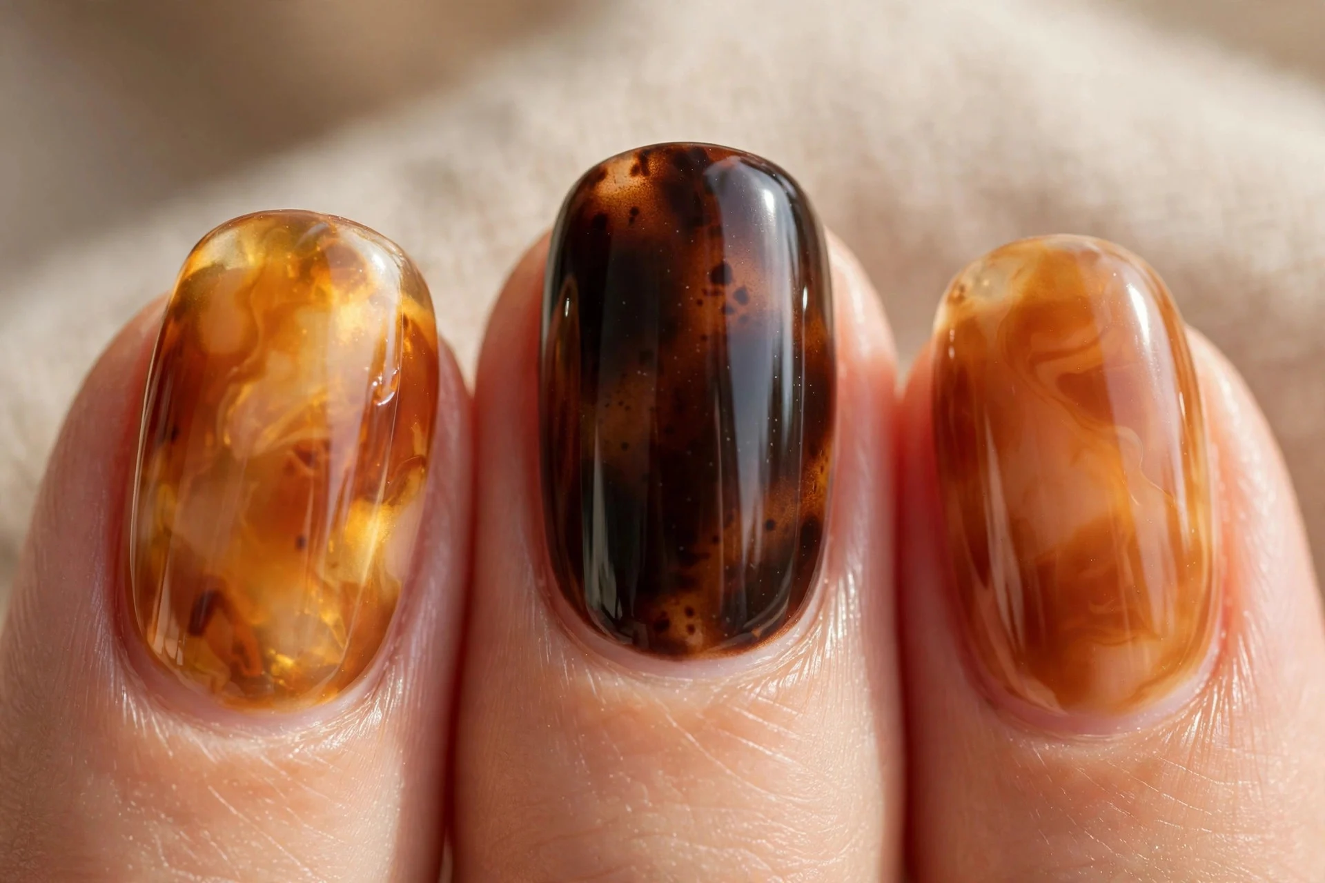 Macro close-up of three fingernails with translucent chocolate tortoise shell pattern in amber, espresso and caramel, glossy