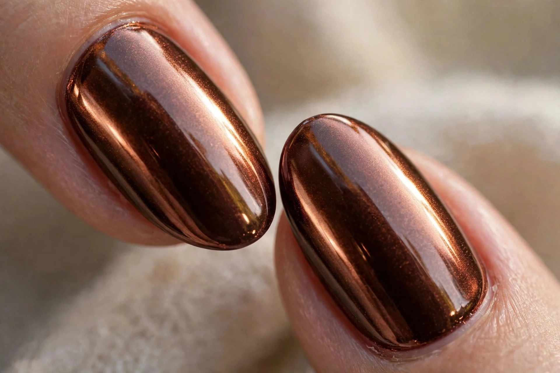 Macro of two fingernails in chocolate brown with a copper chrome finish, mirror-like metallic reflection