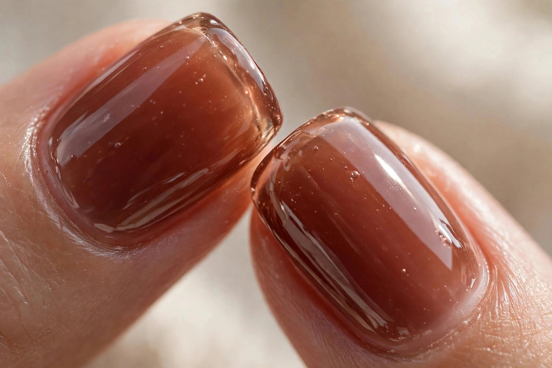 Close-up of two fingernails in sheer glossy cherry-brown jelly polish, translucent juicy finish, soft daylight