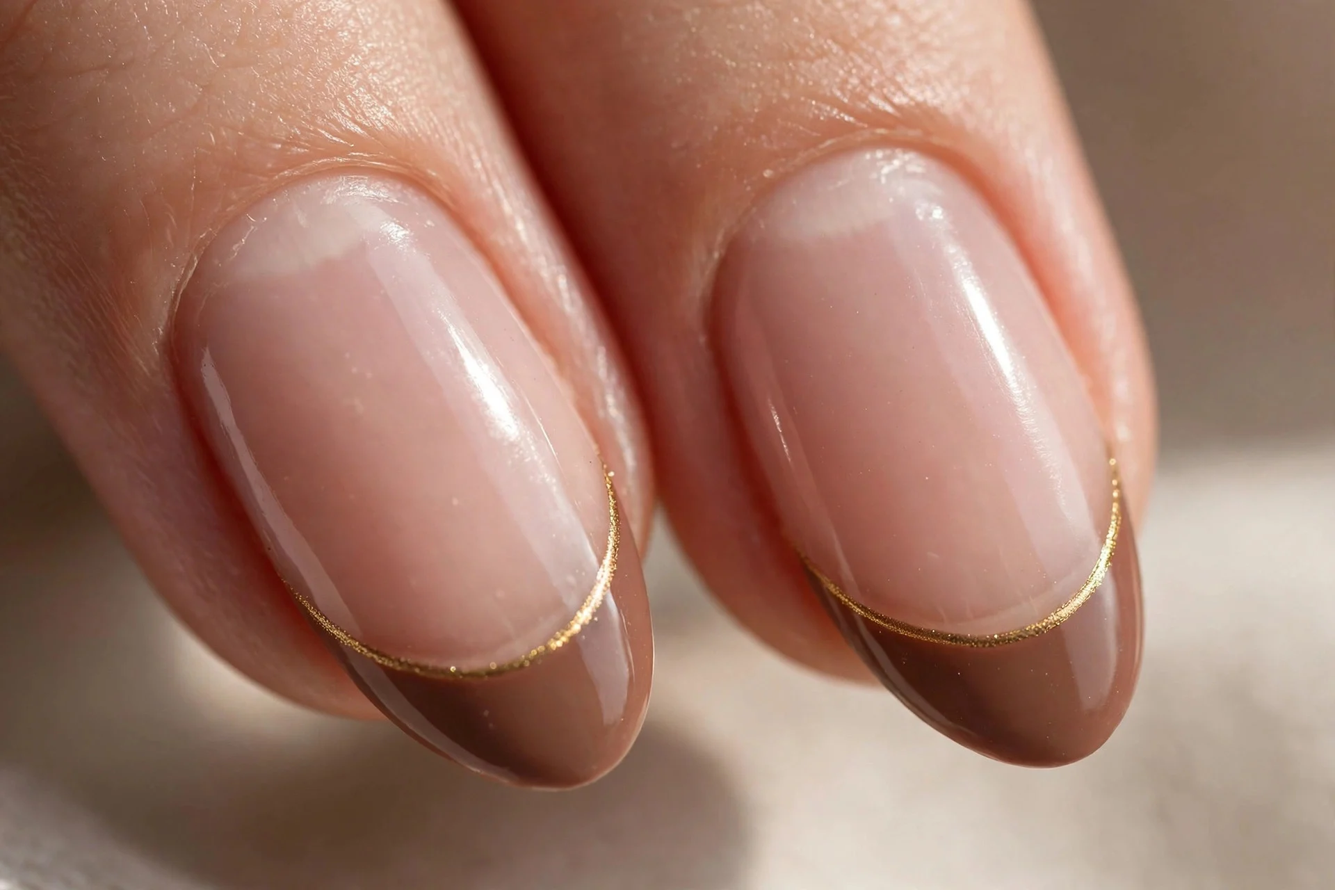 Macro of two fingernails with mocha brown French tips edged in a thin metallic gold line, sheer nude base