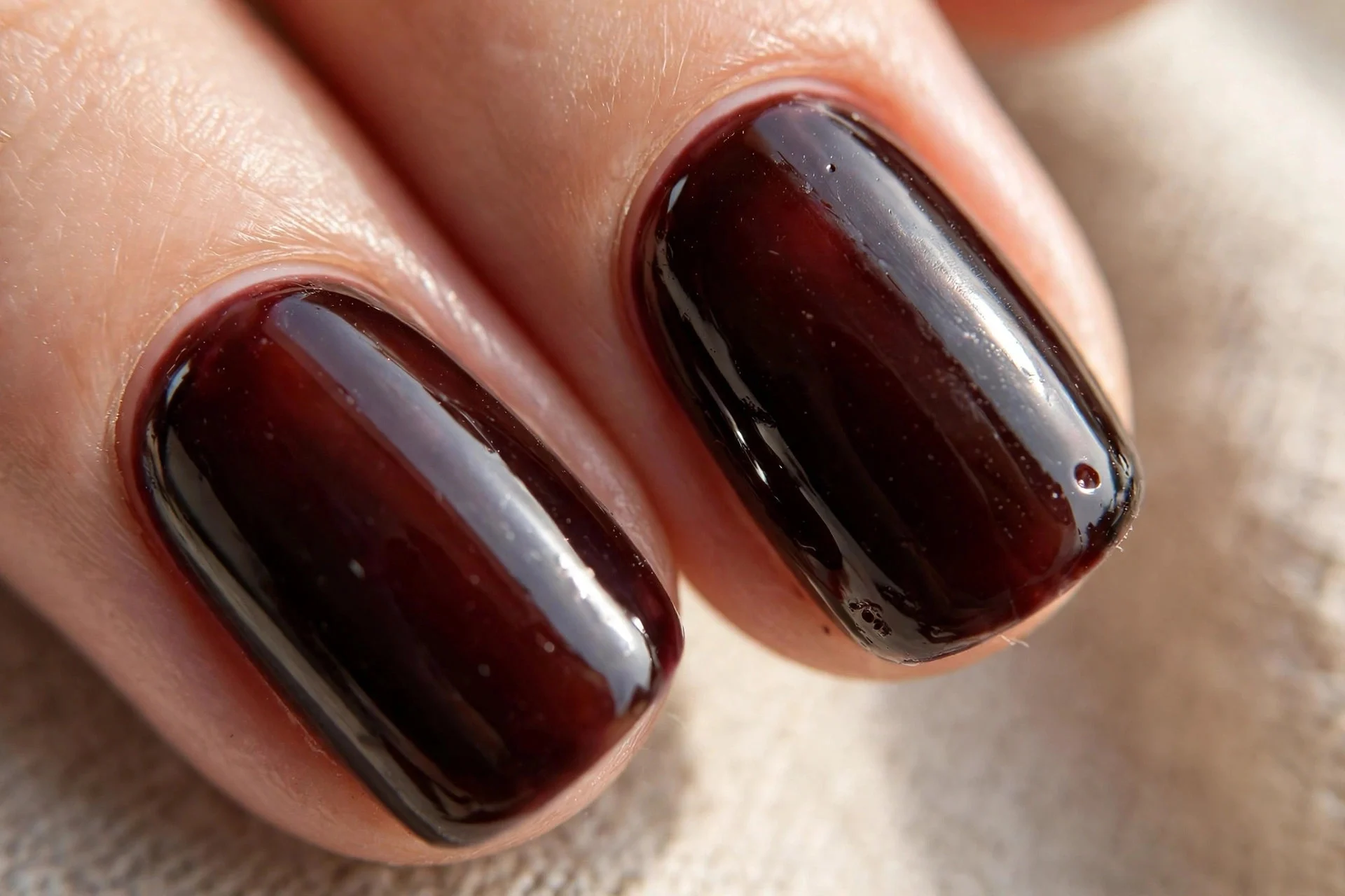 Extreme macro of two fingernails in glossy black-cherry polish with deep brown-red depth, light catching the curve