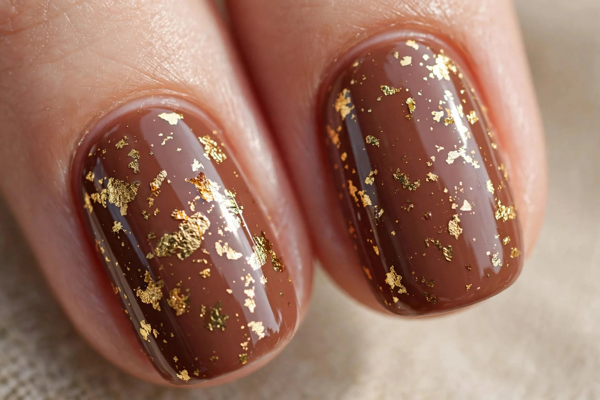 Macro close-up of two cocoa brown fingernails with scattered gold foil flecks sealed under glossy top coat