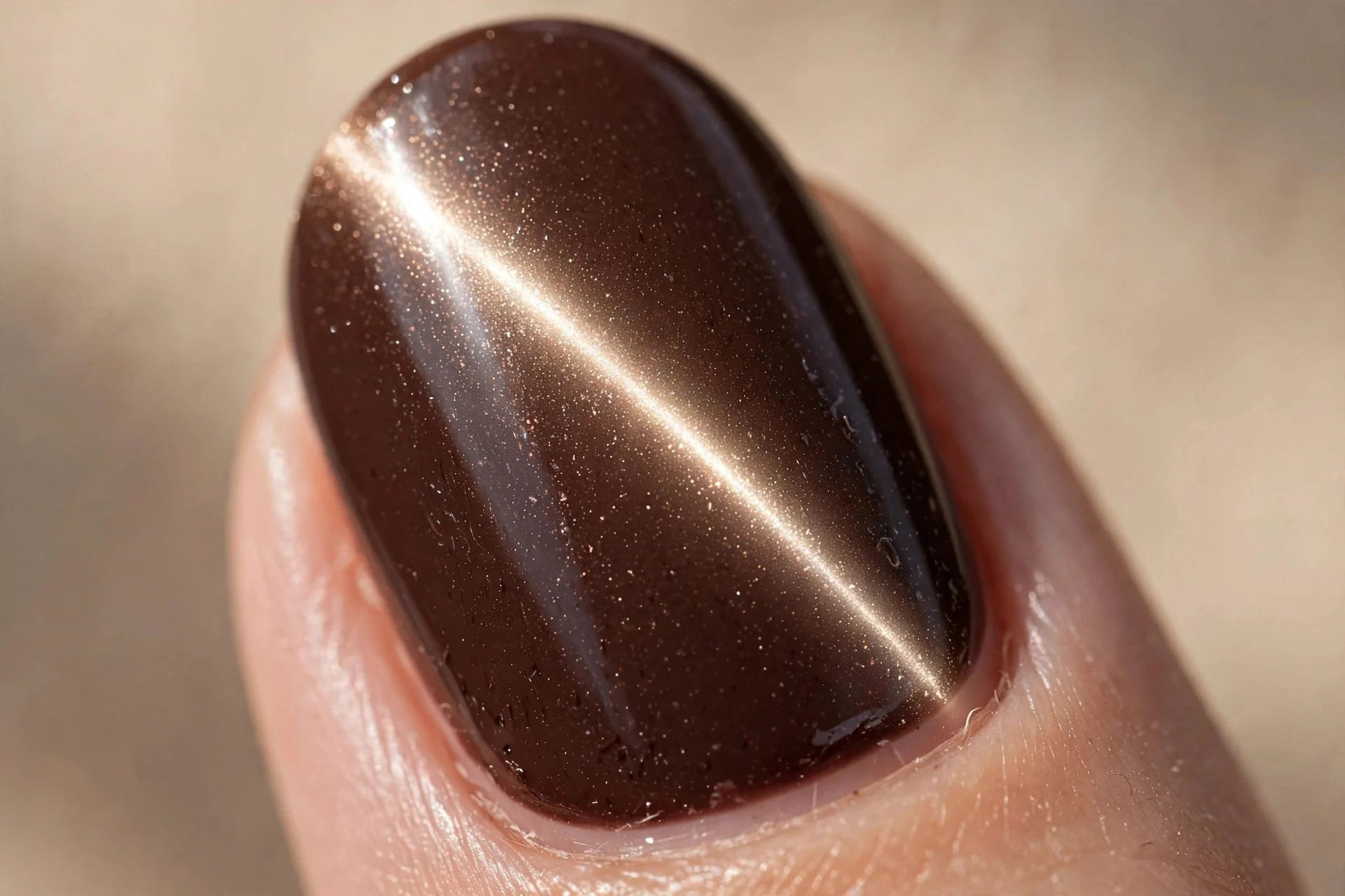 Macro of one fingernail in chocolate brown cat-eye magnetic polish with a glowing diagonal light ribbon, glossy