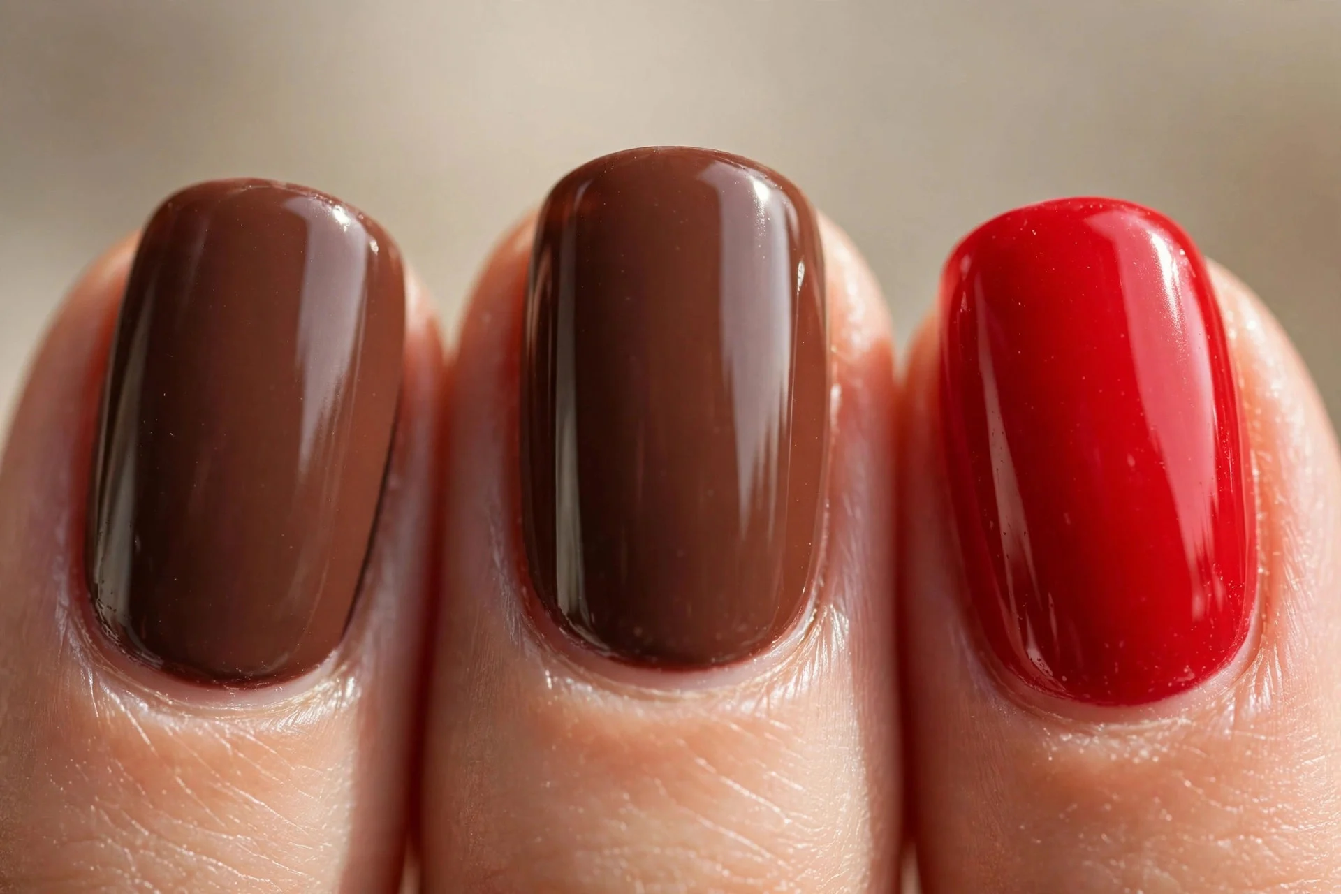 Macro of three fingernails, two in rich chocolate brown and one accent nail in vivid strawberry red, all high-gloss