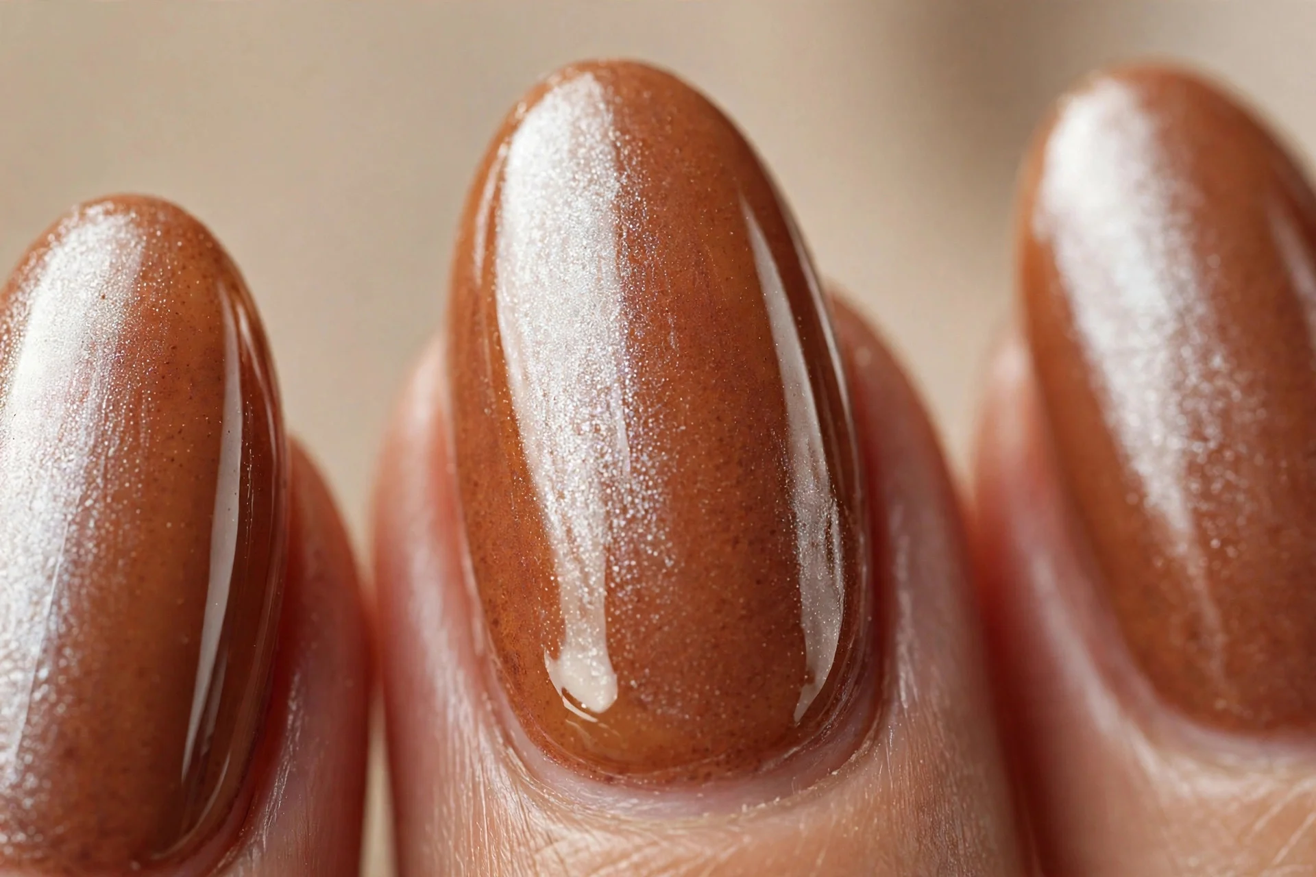 Almond nails with cinnamon base and white chrome powder glaze, glossy caramel shine, beige background