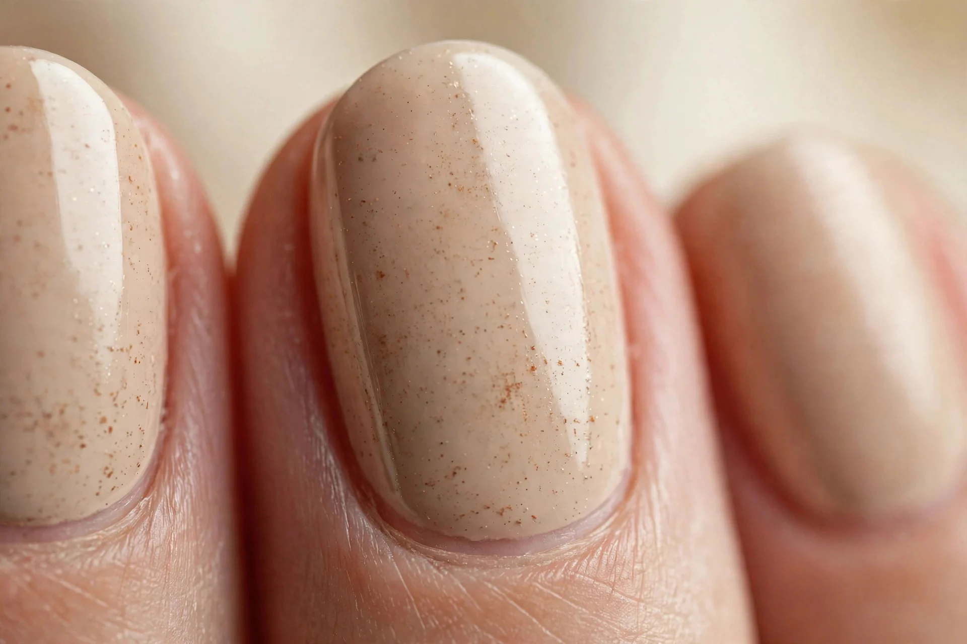 Oval nails with latte-beige base and dry-brushed cinnamon flecks, glossy, cream background