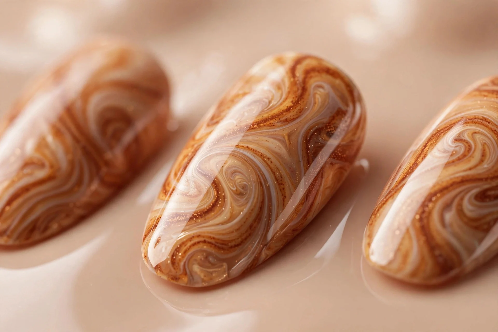 Almond nails with cinnamon and caramel marble swirls over nude, glossy, beige background