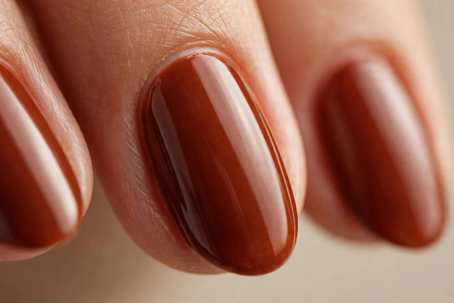 Almond nails in deep burnt-cinnamon creme polish, warm brown with red undertones, glossy, neutral background