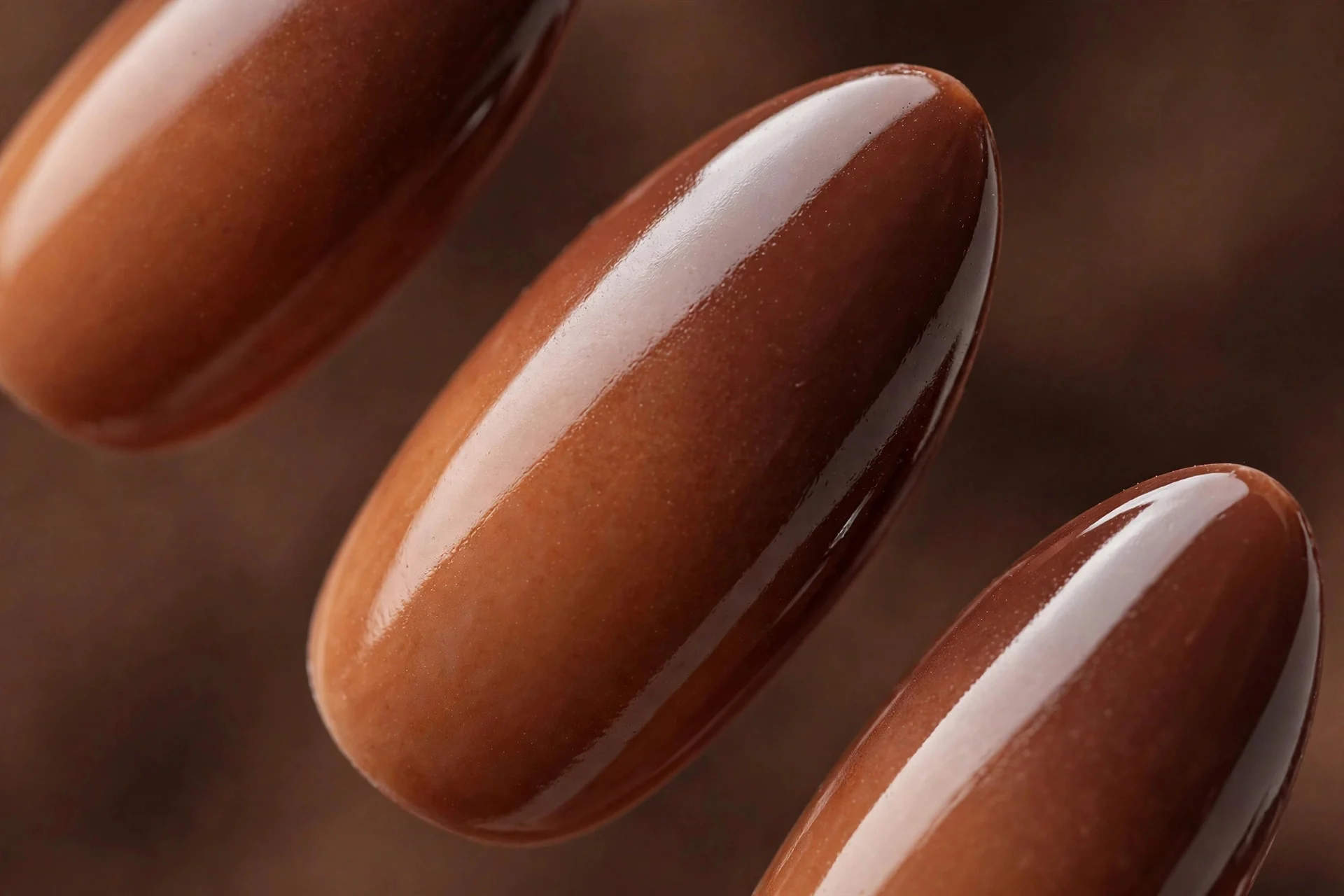 Almond nails with cinnamon-to-cocoa ombre gradient, glossy, brown background