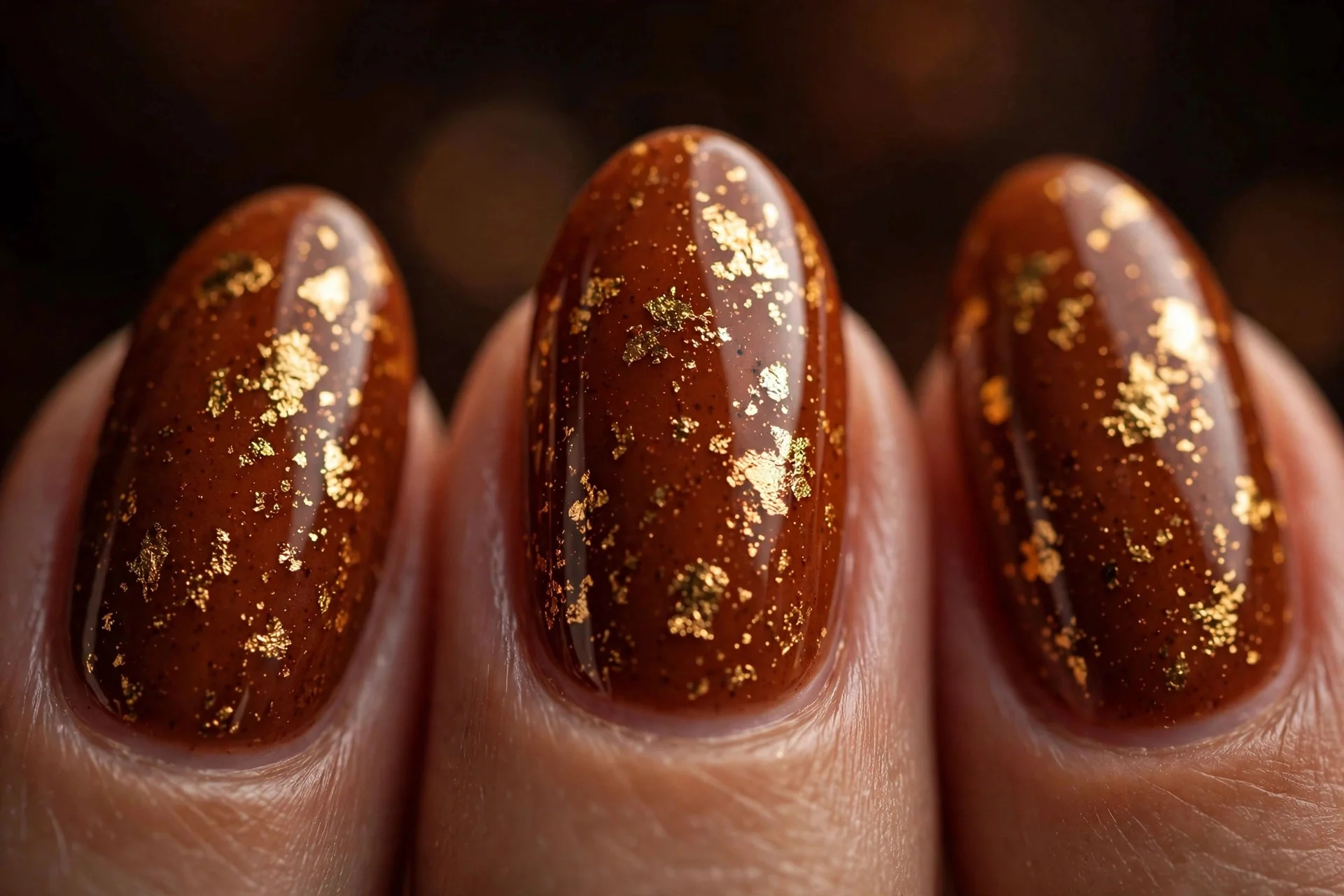 Almond nails in burnt cinnamon with gold foil flakes, glossy, warm dark background