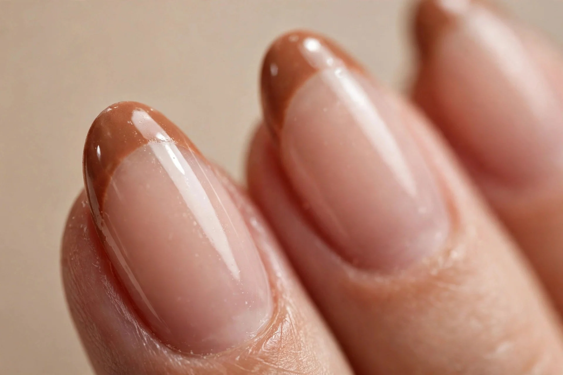 Almond nails with sheer nude base and cinnamon French tips, glossy, beige background