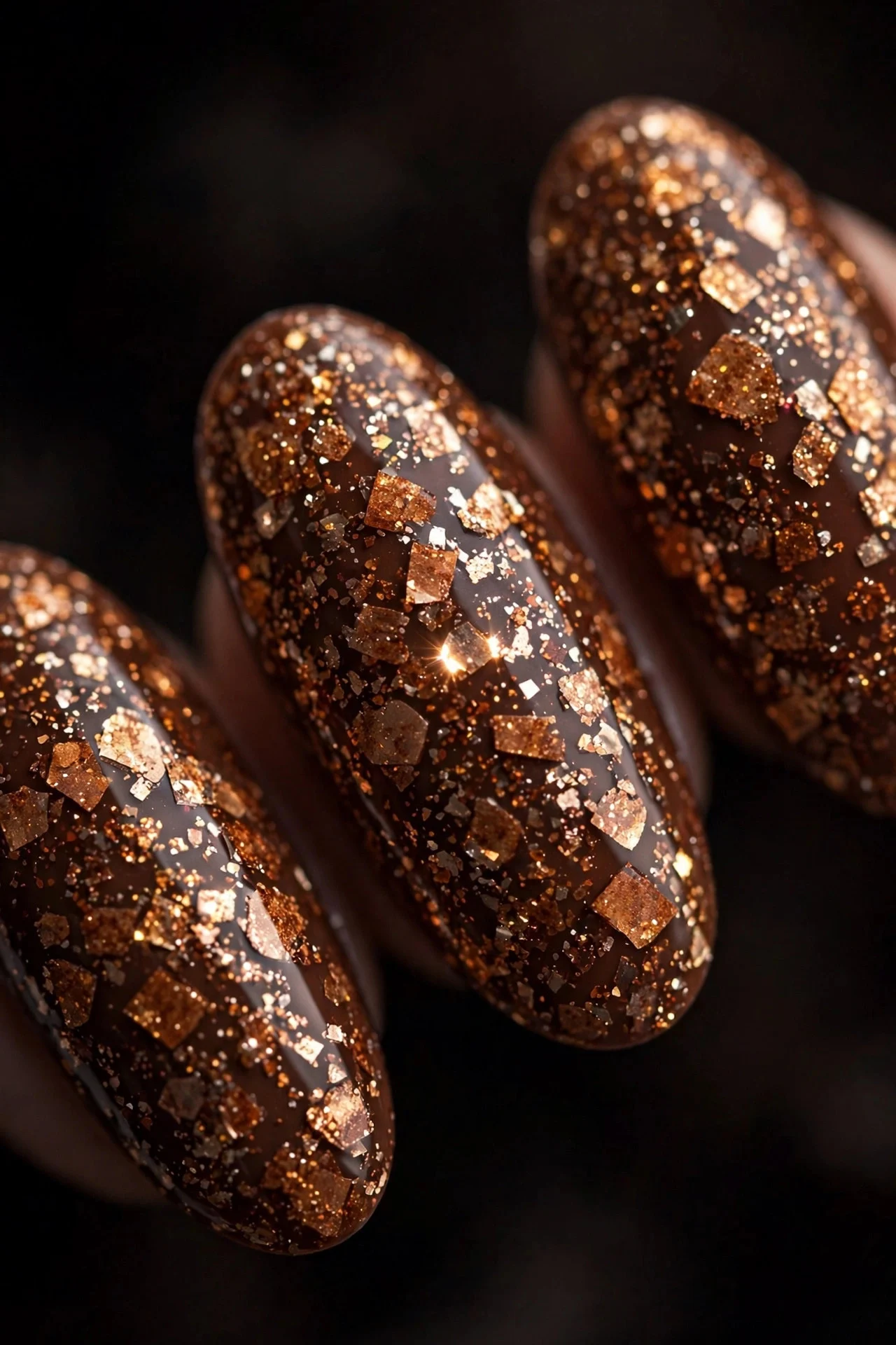 Almond nails with chunky cinnamon glitter over brown base, glossy, dark background