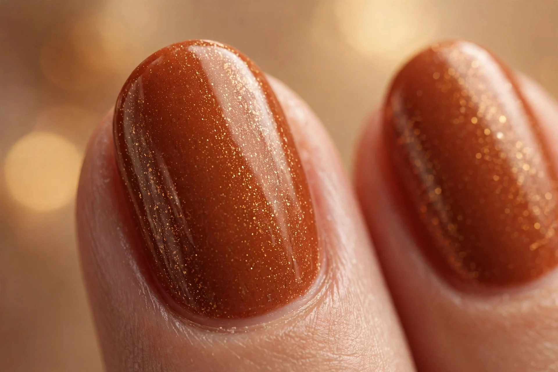 Oval nails in burnt cinnamon with fine gold shimmer, glossy, warm background