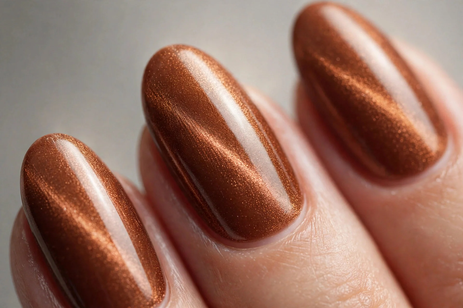 Almond nails with cinnamon velvet magnetic polish, soft diffused glow, glossy, gray background