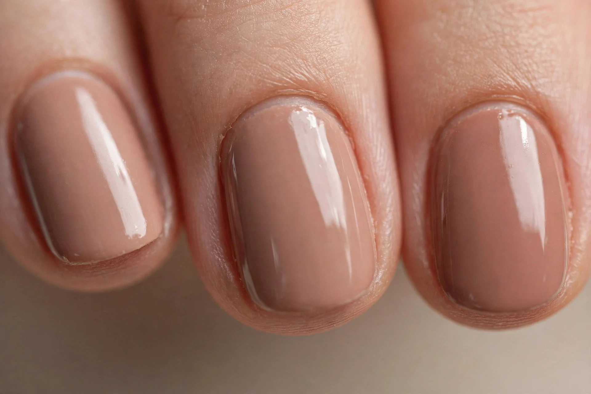 Short oval nails in dusty muted cinnamon nude polish, glossy, beige background