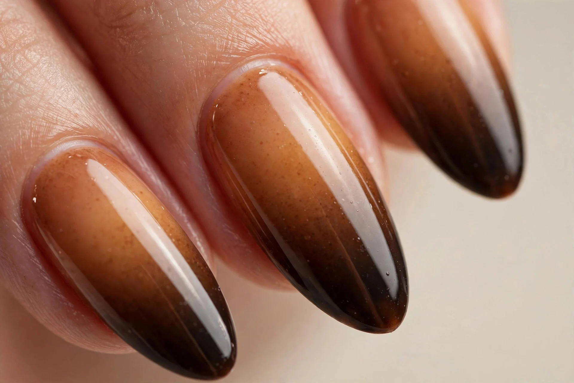 Almond nails with cinnamon-to-espresso reverse ombre, dark tips, glossy, neutral background