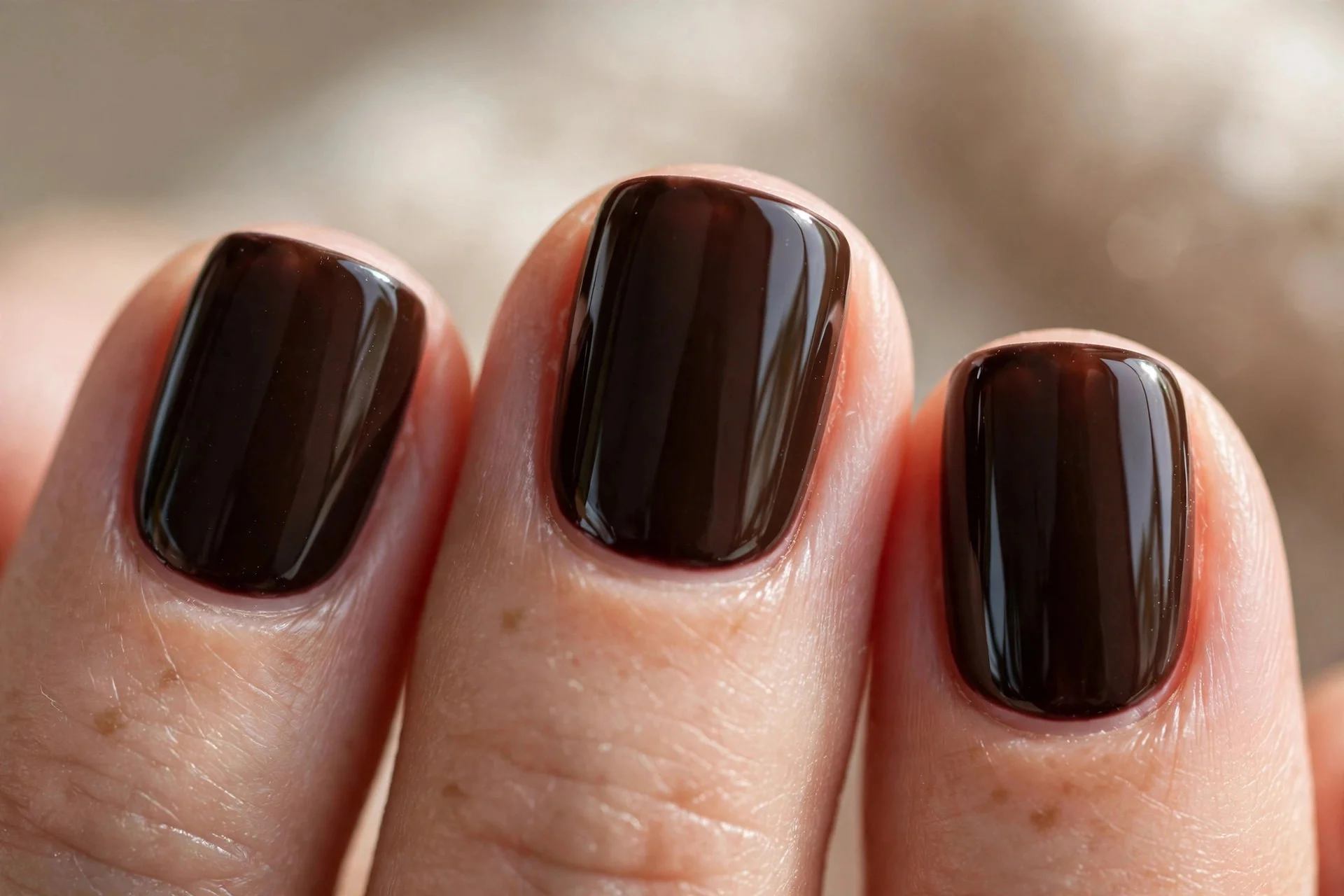 close-up of short square nails in glossy deep espresso brown polish