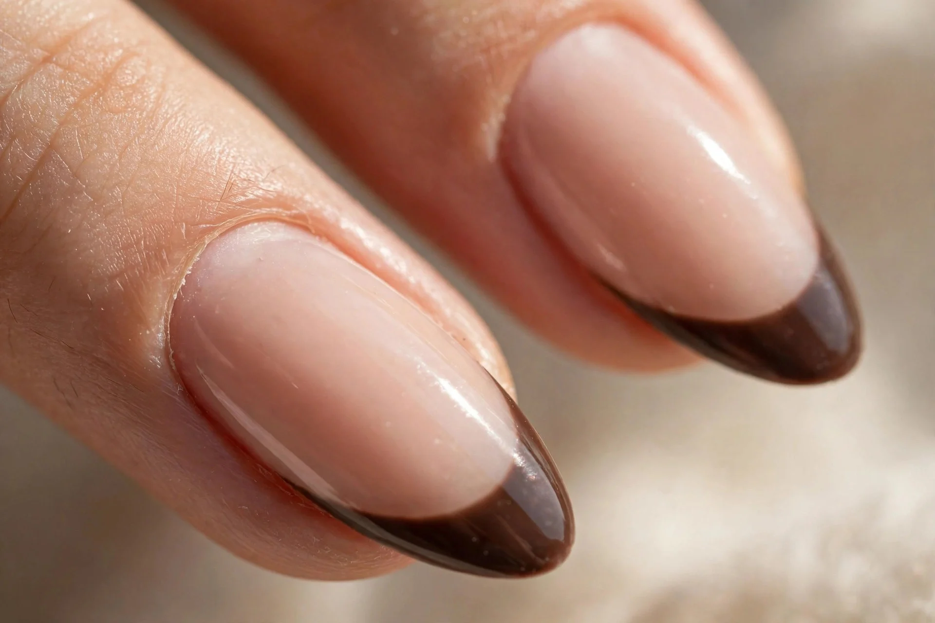 almond nails with nude base and dark brown french tips