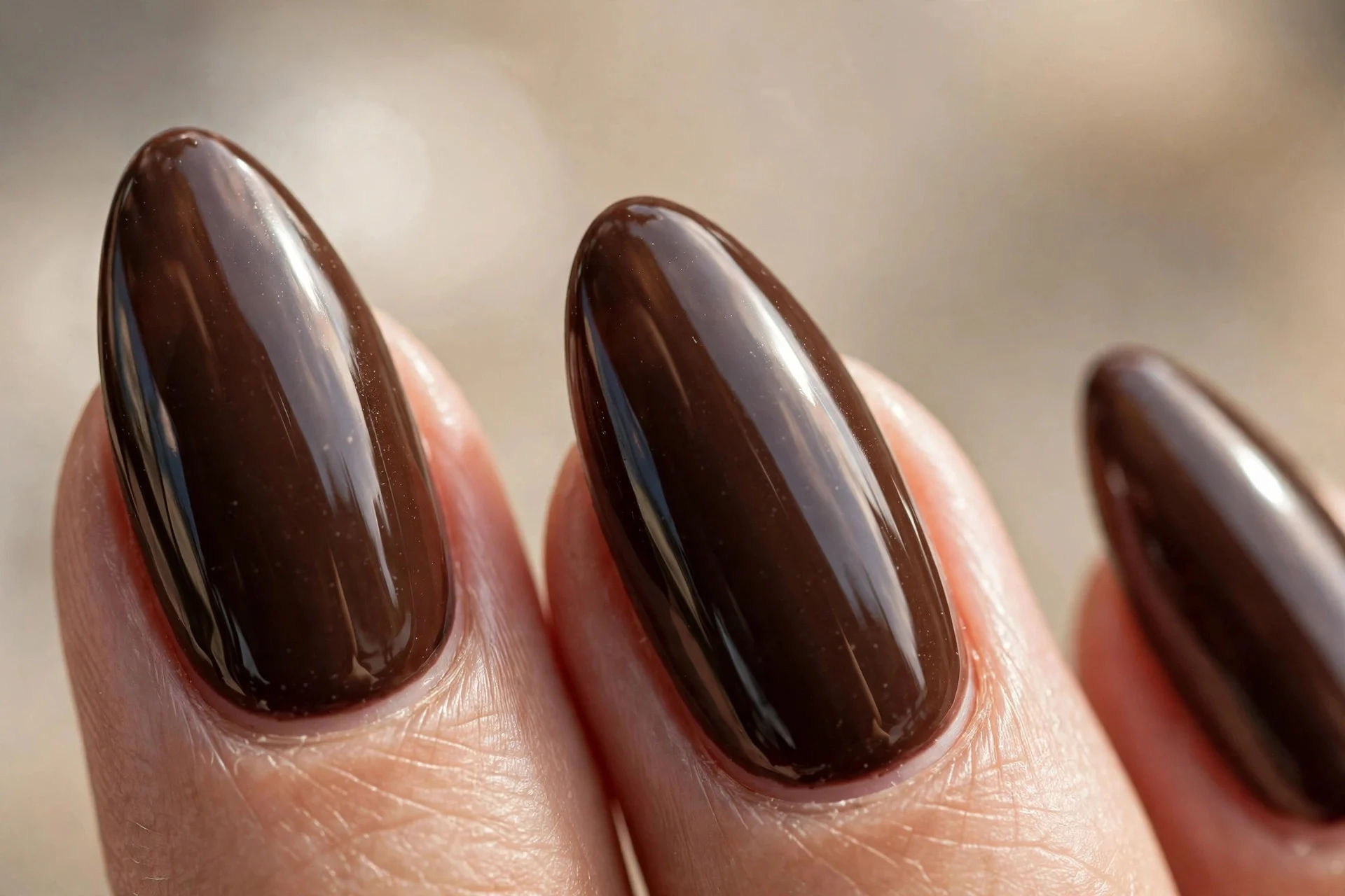 long almond nails in glossy dark roast brown