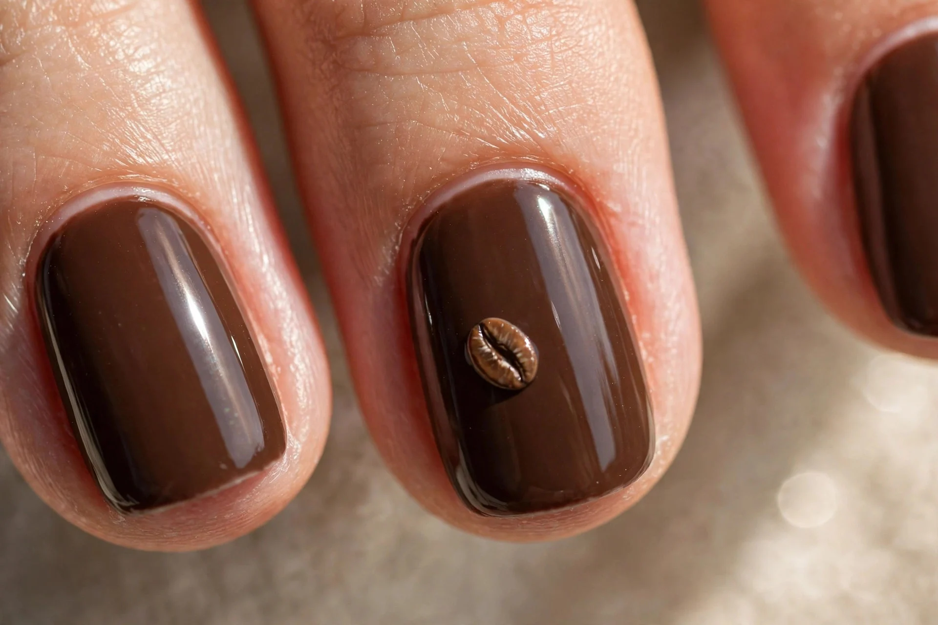espresso manicure with small hand-painted coffee bean on ring finger