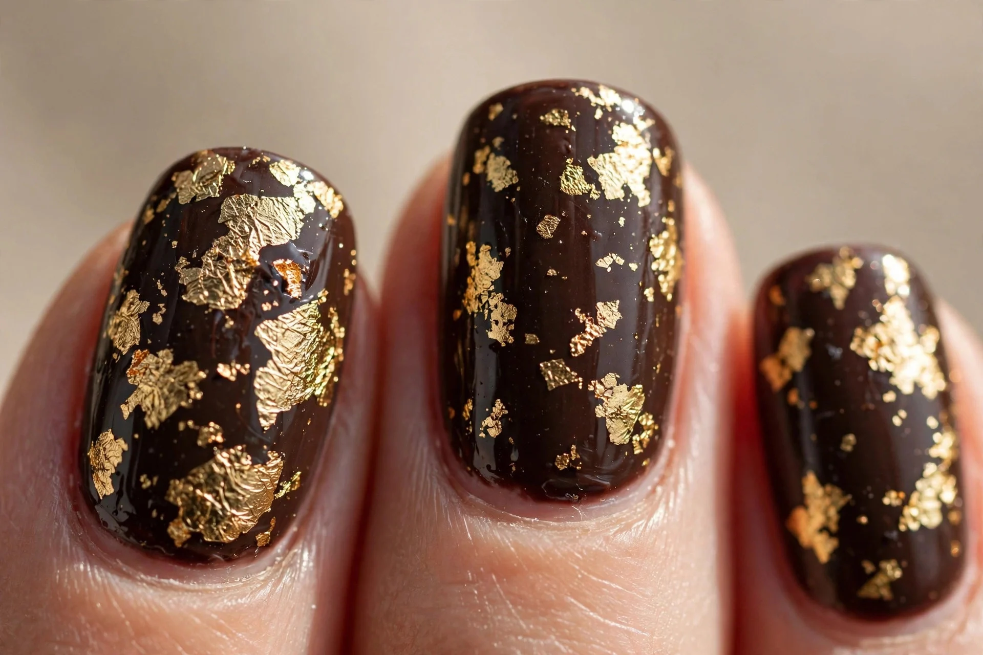 dark brown nails with irregular gold foil flakes
