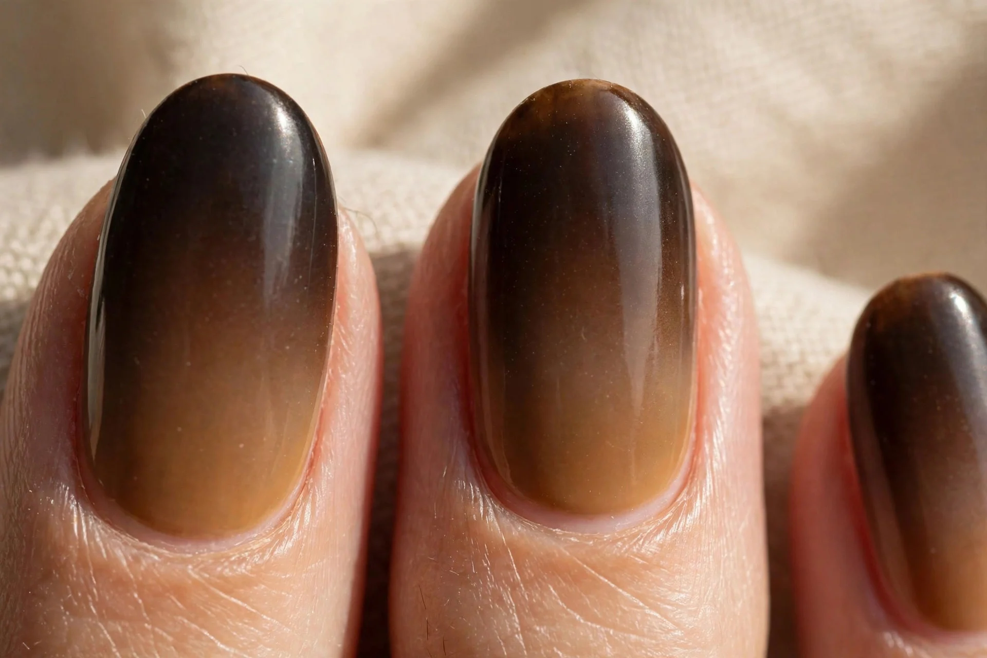 ombre nails fading from dark espresso to caramel tips