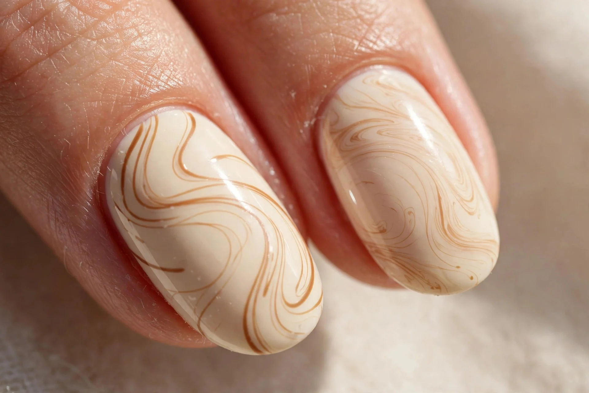 cream nails with thin caramel-brown swirl lines