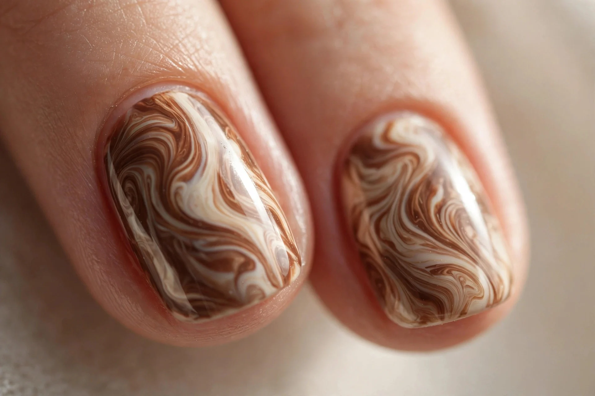 marbled nails in swirls of brown and cream