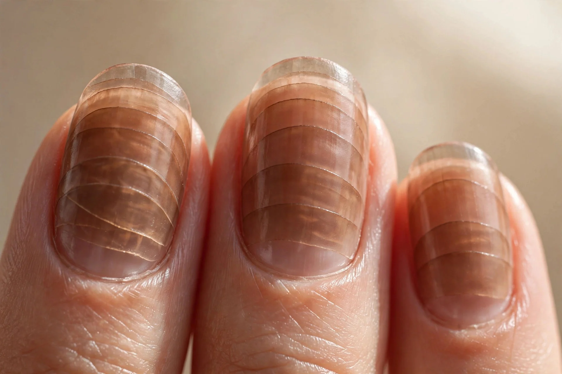 sheer translucent brown layered nails