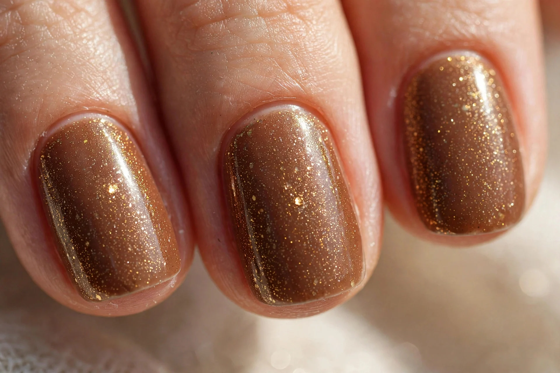 warm brown nails with fine gold shimmer