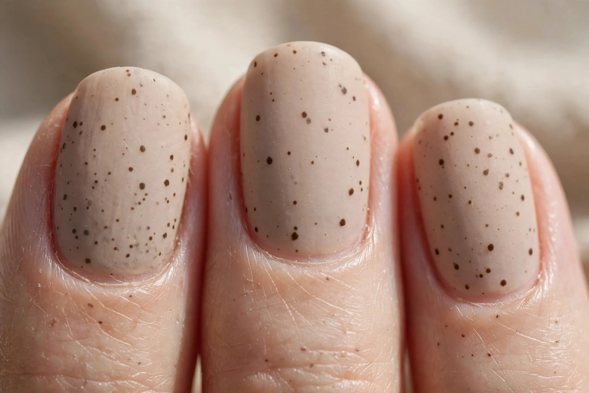 light beige nails with small dark brown dots