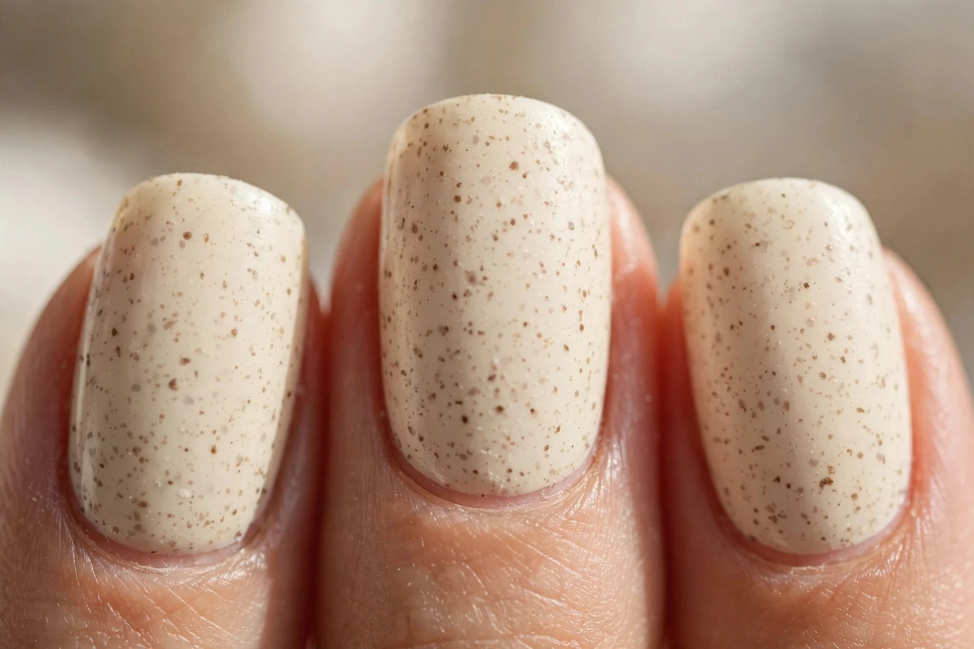 cream nails with tiny brown speckles